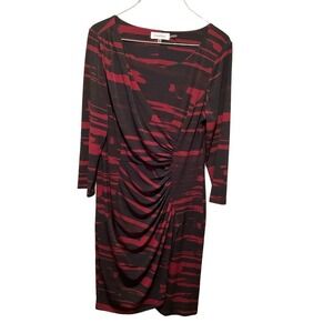 Calvin Klein Wrap Knee Length Dress Women's M Red/Black Long Sleeve Round Neck